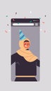 Arabic woman in festive hat celebrating online birthday party celebration self isolation quarantine concept