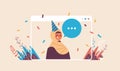 Arabic woman in festive hat with chat bubble celebrating online birthday party celebration self isolation quarantine