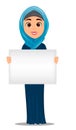 Arabic woman holding blank sign. Cute businesswoman cartoon character.