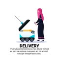 Arabic woman loading box robot self drive fast delivery goods in city car robotic carry concept isolated copy space flat