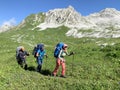 Arabica, Abkhazia, August, 05.2019. Tourists on the Arabica plateau in summer