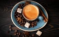 Coffee Cup on a wooden background, rustic, espresso with cinnamon sticks, star anise, blue coffee Cup, coffee beans on an old Royalty Free Stock Photo