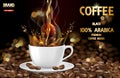 Arabica black coffee cup with splash and beans ads. 3d illustration of hot arabica coffee mug. Product design. Vector Royalty Free Stock Photo