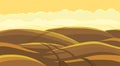 Arable field landscape. Plowed tillage. Brown dirt. Spring soil. Dust field track road. Copy space. Vector illustration.