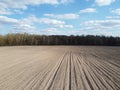 Arable field near the forest on a sunny day, aerial view. Agricultural field Royalty Free Stock Photo