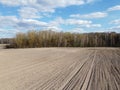 Arable field near the forest on a sunny day, aerial view. Agricultural field Royalty Free Stock Photo