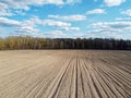 Arable field near the forest on a sunny day, aerial view. Agricultural field Royalty Free Stock Photo