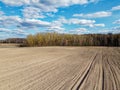 Arable field near the forest on a sunny day, aerial view. Agricultural field Royalty Free Stock Photo