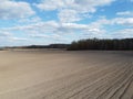 Arable field near the forest on a sunny day, aerial view. Agricultural field Royalty Free Stock Photo