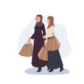 2 Arabs Women Shopping together. Muslim woman frineds go to shopping with shopping bag in hands. Vector illustration
