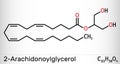 2-Arachidonoylglycerol, 2-AG molecule. It is an endocannabinoid, formed from omega-6 arachidonic acid and glycerol. Skeletal