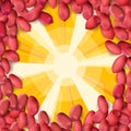 Arachis or peanuts background with red scattered nuts and beans