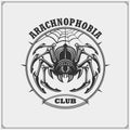 Arachnophobia club emblem. Night dance club, sport team design. Scary spooky spider. Print design for t-shirt.