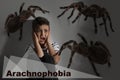 Arachnophobia concept. Double exposure of scared boy and spiders