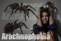 Arachnophobia concept. Double exposure of woman and spiders