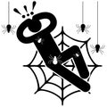 Arachnophobia. Fear of spiders. Phobia. Crawling spiders. Entangled in the web. Afraided man. Logo, icon, silhouette, sticker.