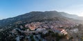 Arachova Greece mountain town aerial drone view, Boeotia. Tourist resort Royalty Free Stock Photo