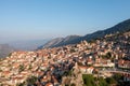 Arachova Greece mountain town aerial drone view, Boeotia. Tourist resort Royalty Free Stock Photo