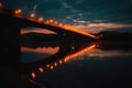 Arafed bridge illuminated at night, spanning a river with vibrant lights reflecting on the water. Royalty Free Stock Photo