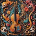 Arafed violin with floral design on a black background, album cover.