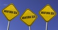 Arafura Sea - three yellow signs with blue sky background