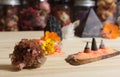 Aragonite Crystal With Incense and Stone Pyramid on Meditation Altar