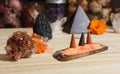 Aragonite Crystal With Incense and Stone Pyramid on Meditation Altar