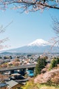 Arakurayama Sengen Park and Fuji Mountain, Shimoyoshida city view with cherry blossoms in Yamanashi, Japan Royalty Free Stock Photo