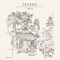 Arambol beach village, Goa, India. Houses and palm trees. Hand drawn postcard Royalty Free Stock Photo