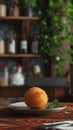 Arancini ball on the plate in restaurant. Snack, Sicilian street food menu starter main course