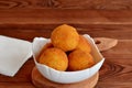 Arancini balls on a plate. Fried rice cutlets recipe. Brown wooden background Royalty Free Stock Photo