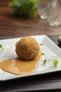 Arancini made with risotto and stuffed mozzarella on sauce Royalty Free Stock Photo