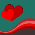 Valentine Day red hearts on green background, two red hearts and shades of red Royalty Free Stock Photo