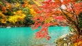 Arashiyama in autumn season along the river in Kyoto, Japan