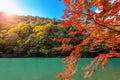 Arashiyama in autumn season along the river in Kyoto, Japan