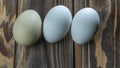 Araucana eggs on wooden background. Three light blue eggs from Araucana chicken. Easter Festival concepts.