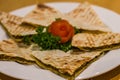 Arayes Flat Lebanese bread stuffed with lamb or chicken minced meat and served with garlic yoghurt sauce