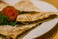 Arayes Flat Lebanese bread stuffed with lamb or chicken minced meat and served with garlic yoghurt sauce