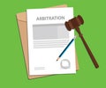 Arbitration agreement letter stamped with folder document, blue pencil and judge hammer