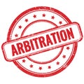 ARBITRATION text on red grungy round rubber stamp