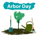 Arbor Day. 29 April. Tree. Garden tools. Shovel, rake, watering can. Vector illustration