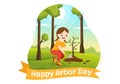 Happy Arbor Day on April 28 Illustration with Kids Planting a Tree and Nature Environment in Hand Drawn Templates
