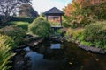 Arbor next to the pond in a park in autumn colors Royalty Free Stock Photo