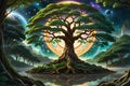 Arboreal Symphony: Majestic Tree of Life, Roots and Branches Intertwining Between Earthly Domain and Celestial Sphere