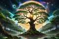 Arboreal Symphony: Majestic Tree Of Life, Roots And Branches Intertwining Between Earthly Domain And Celestial Sphere