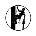 Arborist With Chainsaw Climbing Tree Circle Retro Woodcut Black and White