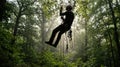 Arborist or climber rappelling down from a high tree canopy using ropes and climbing gear in a sunny forest Royalty Free Stock Photo