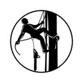 Arborist Climbing Up Tree With Chainsaw in Circle Retro Woodcut Black and White