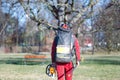 Arborist men standing against two big trees. The worker with helmet working at height on the trees. Lumberjack working with ch Royalty Free Stock Photo