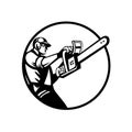 Arborist or Tree Surgeon Holding Chainsaw Side View Circle Retro Black and White